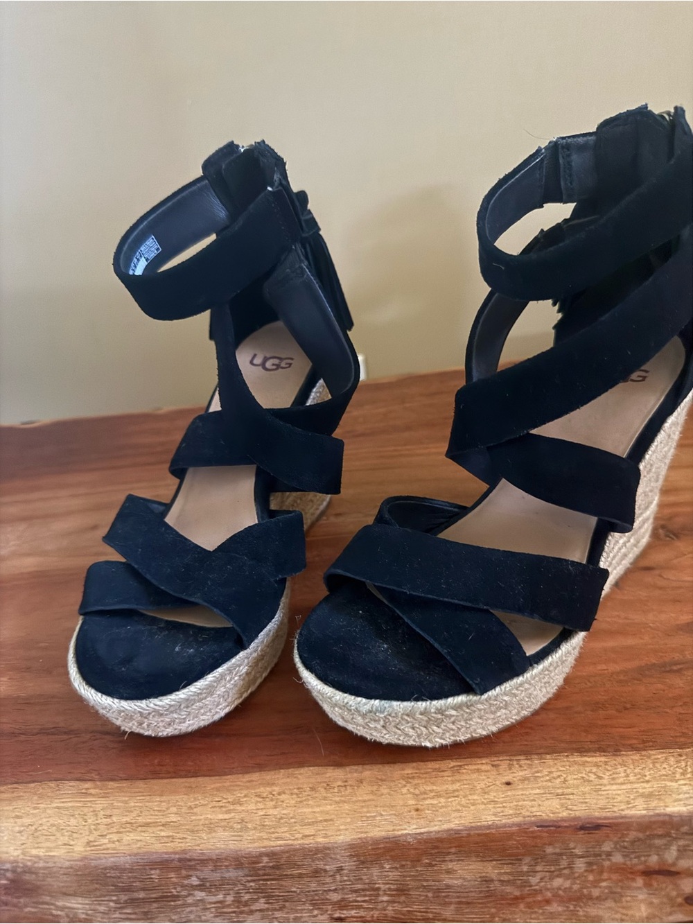 UGG Black Suede Espadrille Platform Wedge Sandals